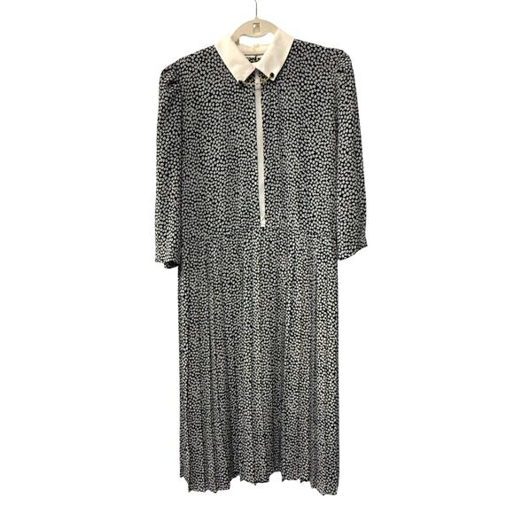 Vintage L Silky Secretary Midi Dress Pleated Puff Shoulder Sezane Collar Chain - Picture 4 of 16